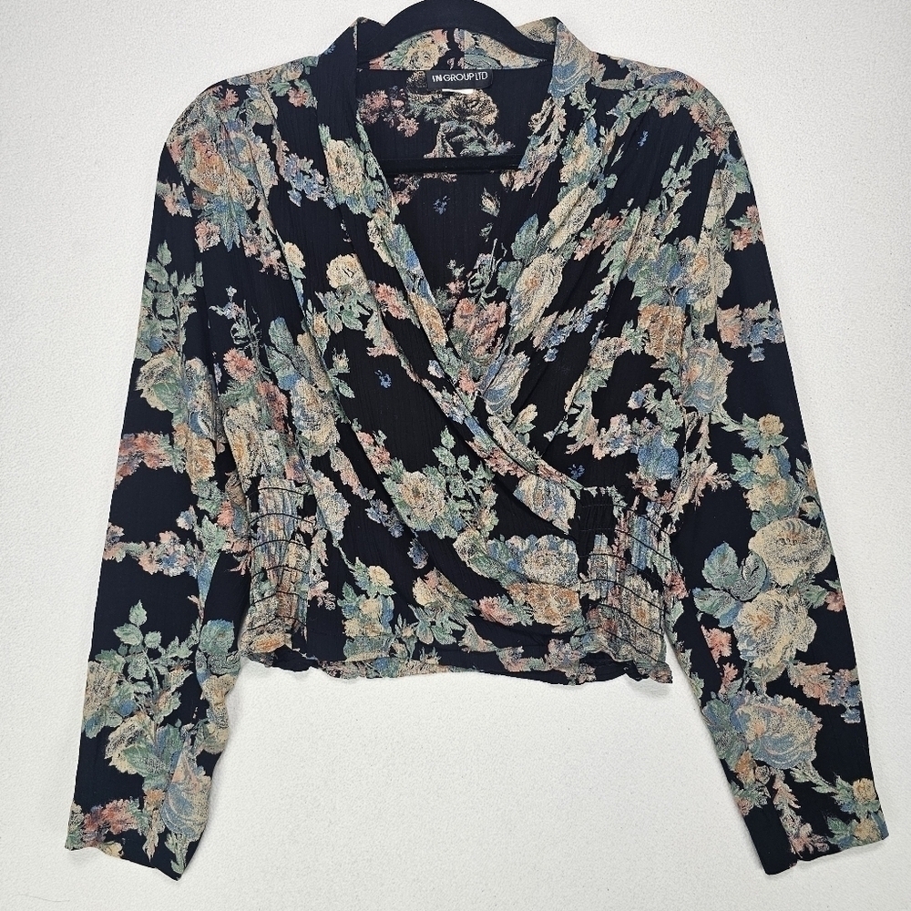 Vintage Romantic Pastel Floral Front Wrap Long Sleeve Blouse Size 6